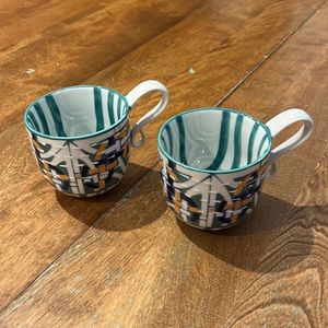 Anthropologie Kantha blue green stitched abstract coffee/tea Boho mug set of 2